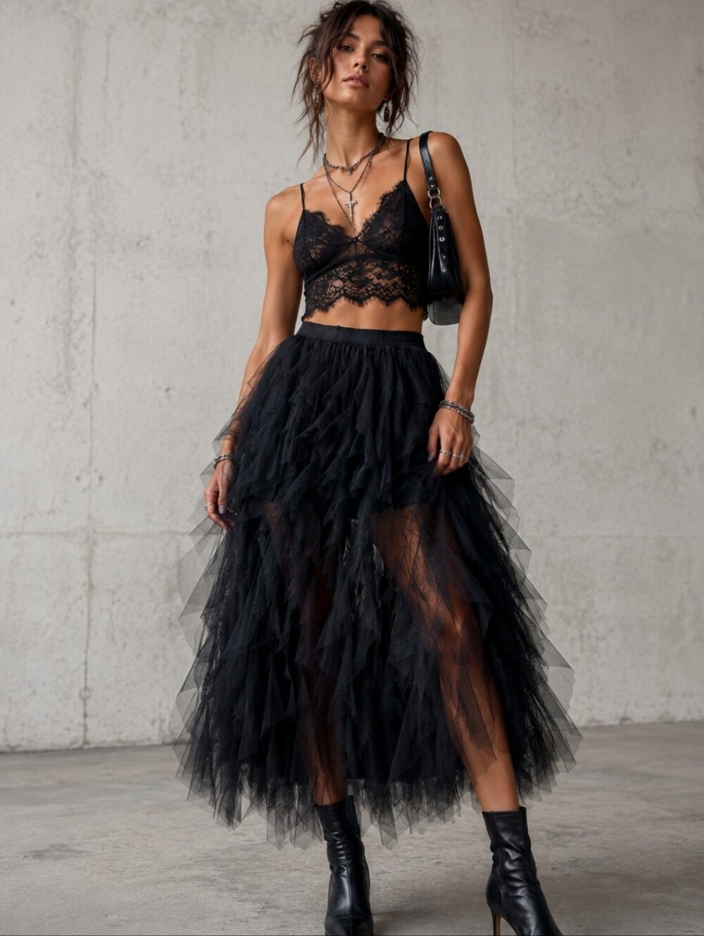 Chic Black Layered Maxi Skirt